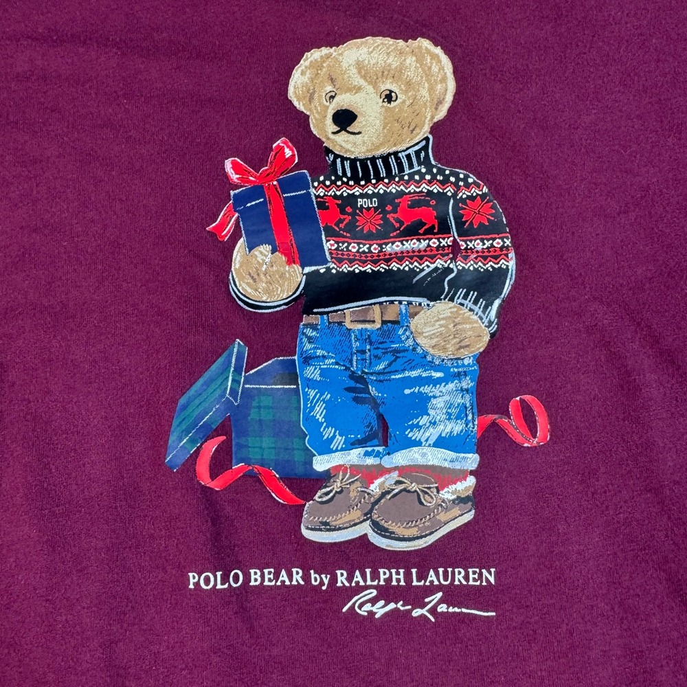 Polo Bear Ralph Lauren T-Shirt Mens XL Burgundy Long Sleeve Holiday Graphic - Picture 5 of 8